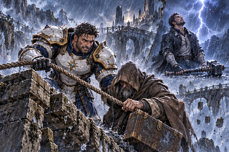 Rain on a collapsing mountain bridge: younger broad Orin without lightning powers hauls a vulnerable old traveler and his case to safety with an ordinary rope. A soft separate distant memory vignette shows a later lightning strike and Orin drawing breath beside an ordinary fallen weapon, not a triumph pose. Old man face unidentifiable under hood.