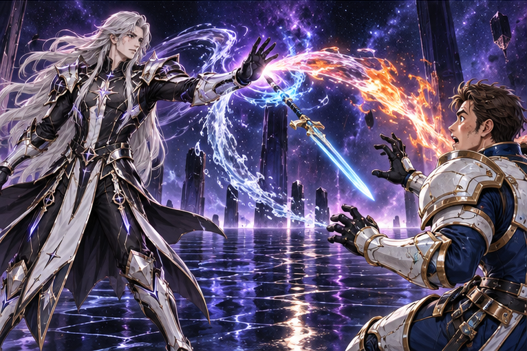 On a dark reflected dream floor, long silver-haired Kael effortlessly turns aside Arin's water and fire strike with a small movement. Arin's weapon returns toward his hand, and he is startled rather than victorious.