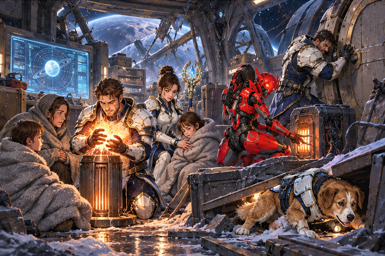 A damaged remote station warmed by Arin's carefully contained hand flame; Mira attends chilled families in blankets, Orin braces a hatch, Zara repairs a heater, Milo finds a low safe route. A recovered archive screen glows in the back.