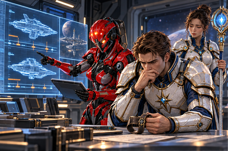 Zara cross-checks two civilian ship records on a station screen, times and hull silhouettes aligned without readable text. Arin grips the table, old wrist strap in hand, stricken. Mira stands near without touching him. The image of the lost ship is civilian, no cosmic conspirator.
