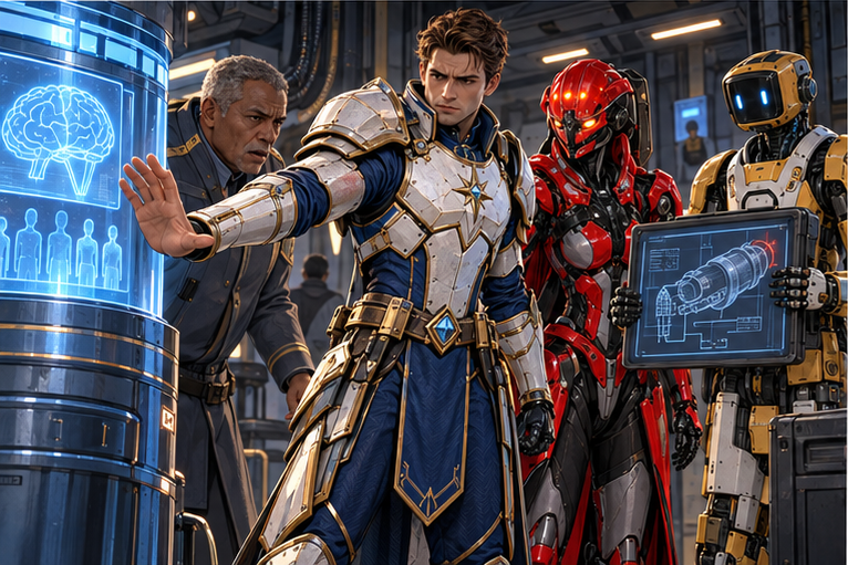 A human station chief reaches toward a mass memory-reset console while Arin firmly blocks the action with an open hand. Zara stands beside a distinct artificial maintenance worker. Fault logs and heater circuits, no threatening pose from civilians.