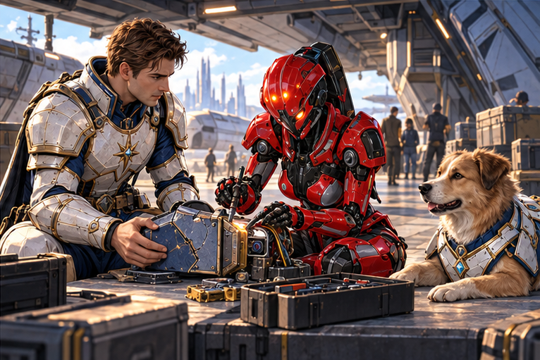 Quiet cargo ramp morning: Arin has placed a corrected report beside Zara and holds one side of a cracked tool housing while she repairs it. Their body language cautious, no embrace, modest beginning of cooperation.