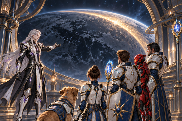 In an ancient observatory, Kael calmly gestures toward a dead planet through an enormous viewing ring; a narrow warm band spreads across its cold atmosphere. The five companions watch, awed but wary. The planet is lifeless, no civilians erased.