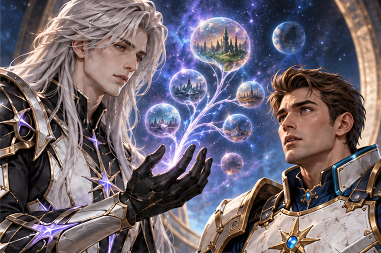 Close two-shot Kael silver-haired ancient-looking but youthful, Arin brown-haired surprised. A subtle branching succession of distant lives appears between them as an abstract light reflection, not a power beam transferring into Arin.