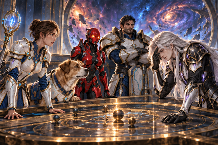 Mira and four-legged golden Milo confront Kael across an observatory table, Zara and Orin attentive. A magnificent but uncertain nebula beyond the ring. Kael's calm visibly strains as he cannot guarantee the existing people's survival.