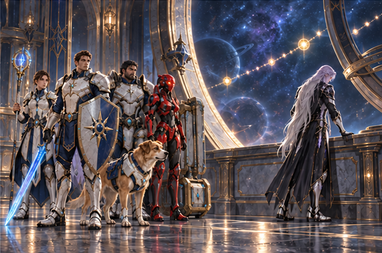 Arin stands with all four companions, resolute rather than aggressive; Kael alone beside the open observatory ring, wounded by the refusal. A route of relay lights remains glowing behind him.