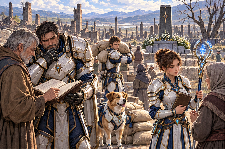East Valley with empty house foundations and a modest famine memorial, not a battlefield. An older resident shows Orin a delivery ledger while Arin carries relief sacks. Mira asks permission to record testimony. Grief and practical work, no angry mob.