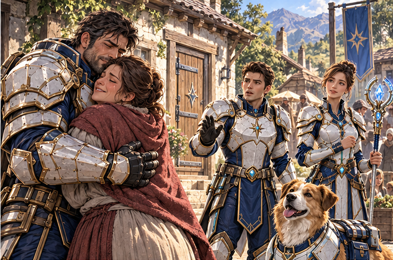 In a living modest village, Orin's sister embraces her broad armored brother. Behind them the father's house has a conspicuously repaired door. Arin starts to speak, then stops. Neighbors unload food nearby with sincere gratitude.