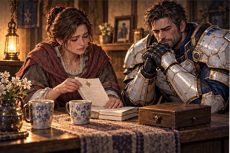 Lamplit sister's house: she unfolds only one permitted page from a private letter for Orin. His expression softens painfully. The rest stays folded under her hand. Two cups and a closed drawer; no mother's address readable.