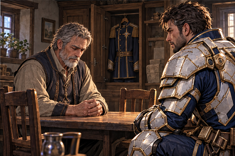 Father's modest kitchen: an older worn former officer stands opposite his son Orin, a clean uniform coat inside an open cupboard. Two empty chairs. Father lowers his eyes then meets Orin's gaze, no villain lighting.