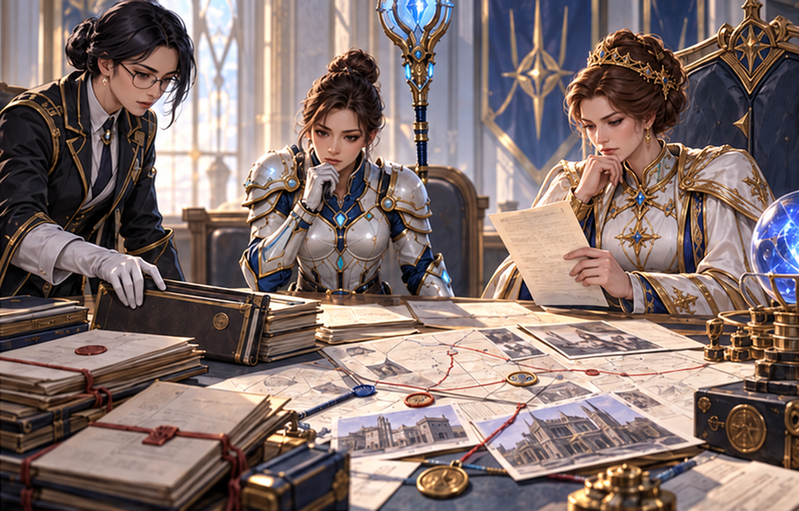 Neris investigator lays an unfiled prosecution folder beside diversion ledgers leading to several private military stores. Mira and the queen read the linked evidence. Seals, strings, maps and witness copies, no single conspirator portrait or invented names; records survived deliberate suppression.
