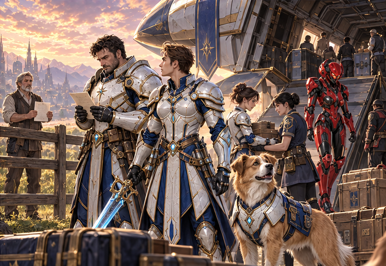 At a late-afternoon departure field, Orin holds a reply from his mother and looks toward his father standing at the fence with a signed account. Arin waits beside him, Mira trusts a local coordinator with final loading, Zara and Milo ready by ramp.