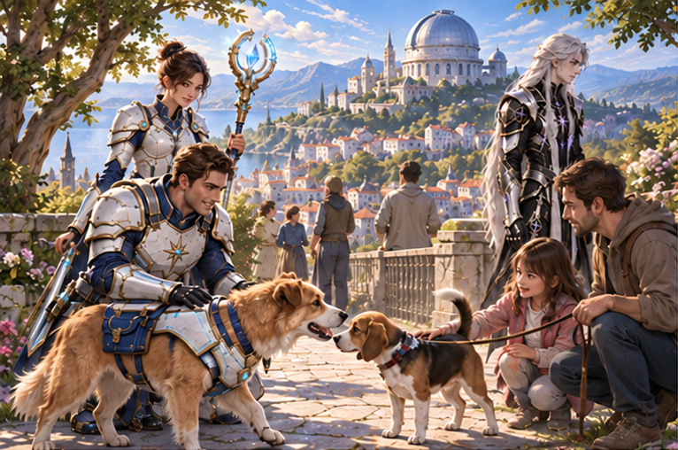 On an ordinary Earth observatory hillside town path, armored quadrupedal Milo politely sniffs a smaller unarmored Earth dog beside its human. Arin smiles, Mira nearby; silver-haired Kael looks down toward families in the town. Gentle afternoon light.