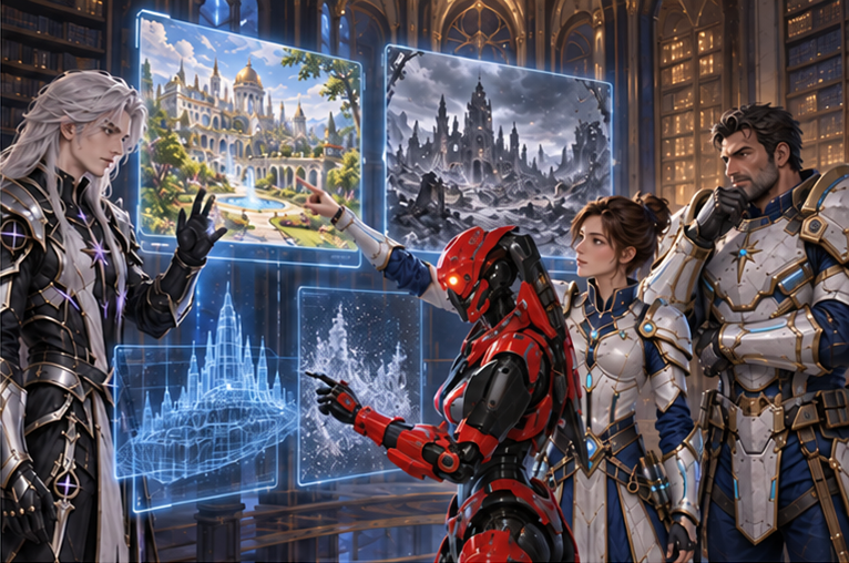 Observatory records chamber: Kael displays miniature histories of an abundant garden city and its later ruins in separate windows; Zara distinguishes a wireframe prediction from a lived record. Mira points to the thriving city, Orin watches a record of an unanswered disaster.