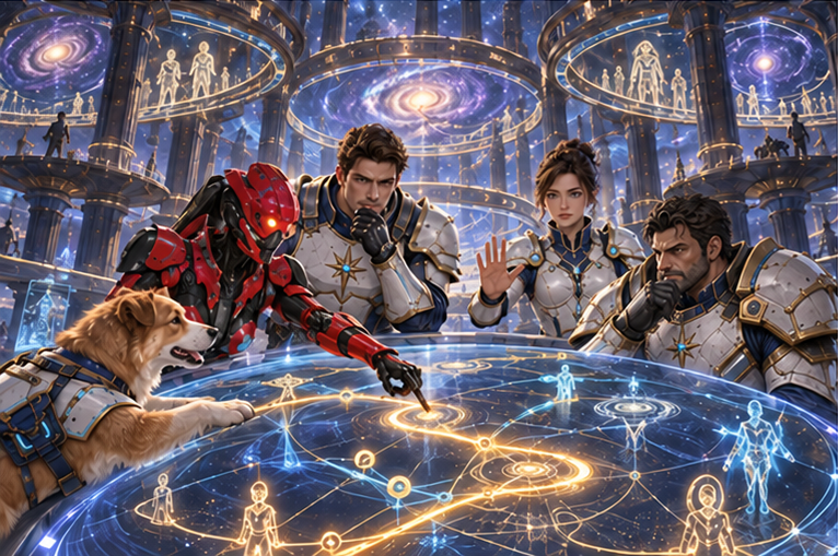 Vast nonhuman archive with layered cosmic iteration rings, ancestral migration traces and evolving light patterns. Milo reveals a route from a low viewpoint, Zara translates. Arin listens to a faint fragmentary presence at an interface while Mira signals restraint. No restored parents or ghosts emerging bodily.