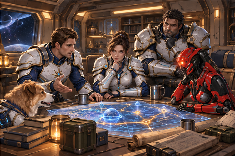 Warm familiar ship common room: all five companions around a practical gateway map and supply ledger. Arin asks rather than commands. Mira thoughtful and firm, Orin steady, Zara attentive, Milo with paws beside a low route projector.