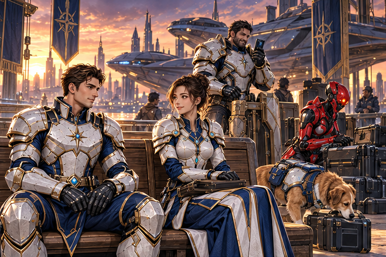 Last safe port at dusk: Arin and Mira sit at opposite ends of a bench with warm space between them. Her relief report is closed, his hands relaxed. In soft background Orin records a family message while Zara and Milo check route equipment.