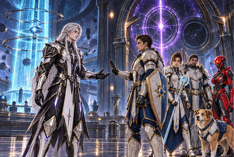 Gateway control chamber: separate steady cyan sustaining column and bright violet access ring with two channels, one lit. Kael faces Arin and four companions. Kael's hand open in a sincere plea, Arin quiet firm refusal. No weapon impact on the sustaining column.