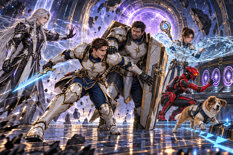 Arin lunges alone at Kael on reflected gateway floor and is knocked off balance; broad Orin catches his shoulder with shield ready. Mira stabilizes displaced water, Zara studies three access focuses, Milo marks a safe route. Kael remains formidable.
