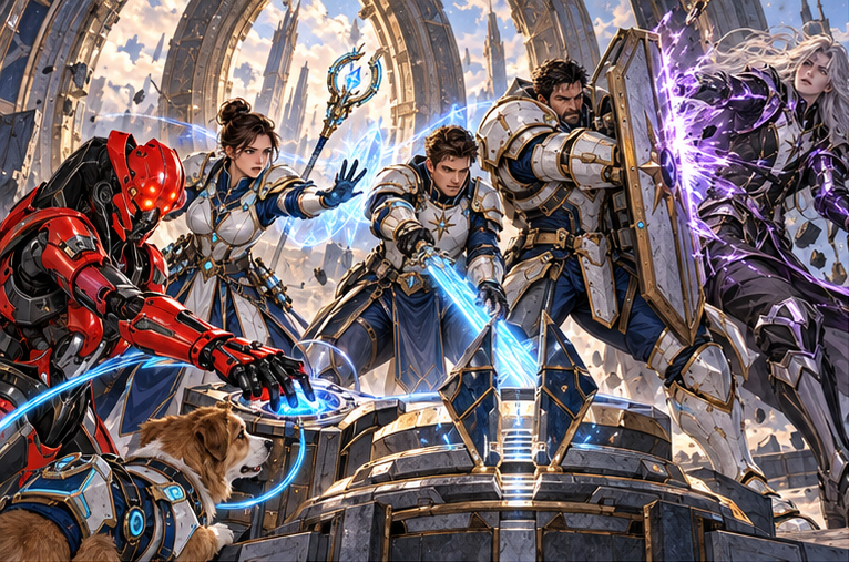 Final of three access focuses extinguishes as Zara releases a contact reached via Milo's blue route, Orin blocks Kael's counterstrike, Mira braces the group and Arin redirects a current at the focus. Kael staggers from the control ring; independent cyan support remains steady.