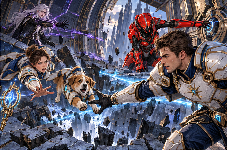 Gateway floor folds inward beneath Mira and four-legged Milo. Arin extends a shaking hand with a coherent thin cyan field holding the broken floor in place. Zara reaches a slow manual isolation control; Kael's violet channel remains imprinted and live.