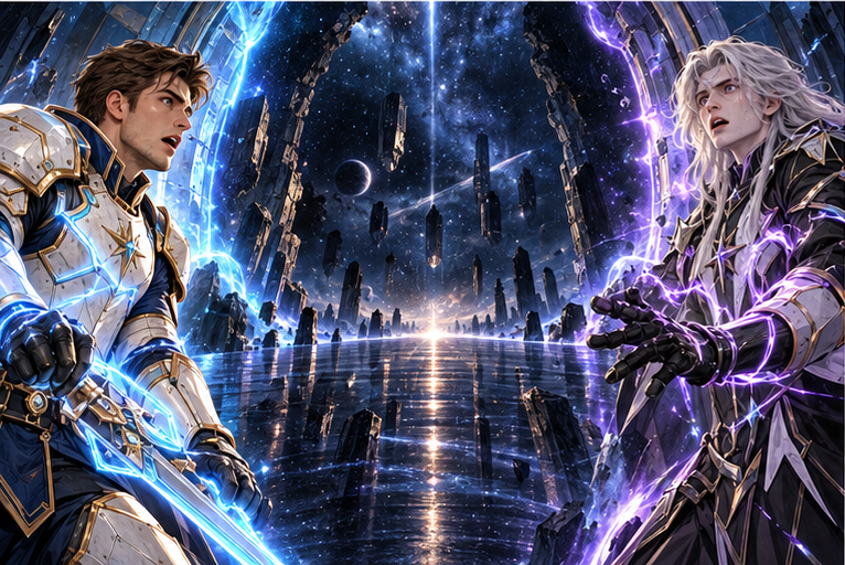 Two distinct cyan and violet living channels light the gateway ring from Arin and Kael. They remain visibly opposed on opposite sides, not shaking hands. A door to an impossibly vast dark reflective realm opens; both men visibly surprised.