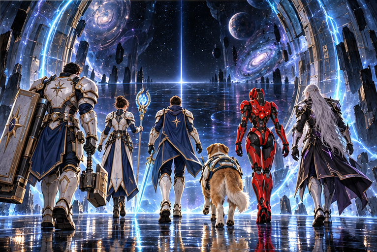 Exactly five companions and silver-haired Kael cross a monumental opened portal within a connected blue field: Arin Mira Orin red robot Zara and golden four-legged Milo. A tiny shared clock pulse, vast reflective darkness ahead. Cautious necessary alliance, no celebration.