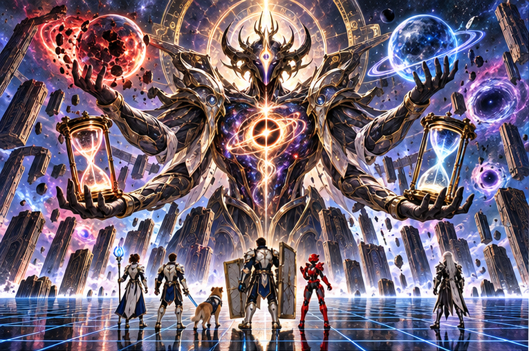 The Origin: gigantic four-armed black gold cosmic armored Aevos with galaxy chest, horned crown, rings, red and blue displayed worlds, two hourglass vessels, shattered floating colonnades, blue grid reflective floor. Exactly five tiny but distinct party members Arin Mira Orin Zara Milo in foreground, silver-haired Kael separate. A steady independent sustaining ring behind Aevos distinct from his chest control tether.