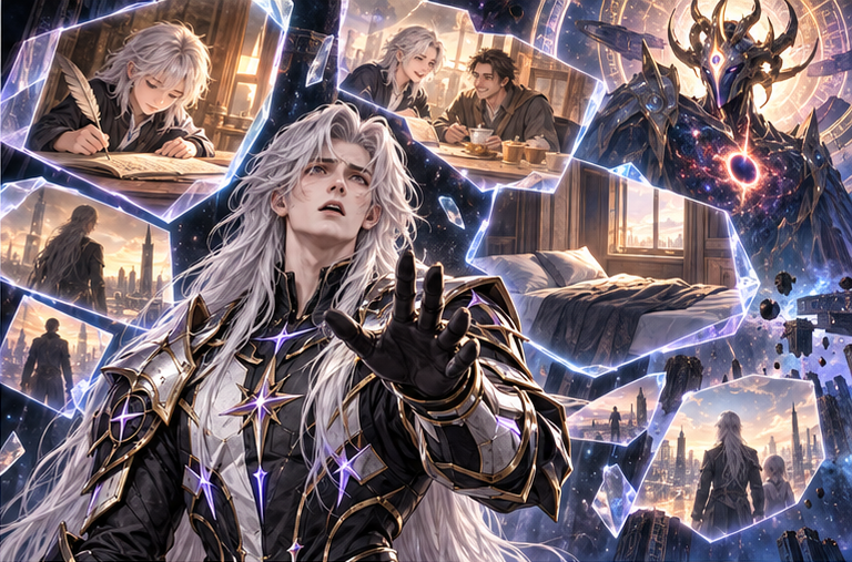 Kael stands shocked among projections of ordinary moments from many embodied lives: learning to write, shared meals, empty bed. His long silver hair and black armor remain sharply foregrounded. Distant Aevos observes without rage. No reincarnation transfer to Arin.