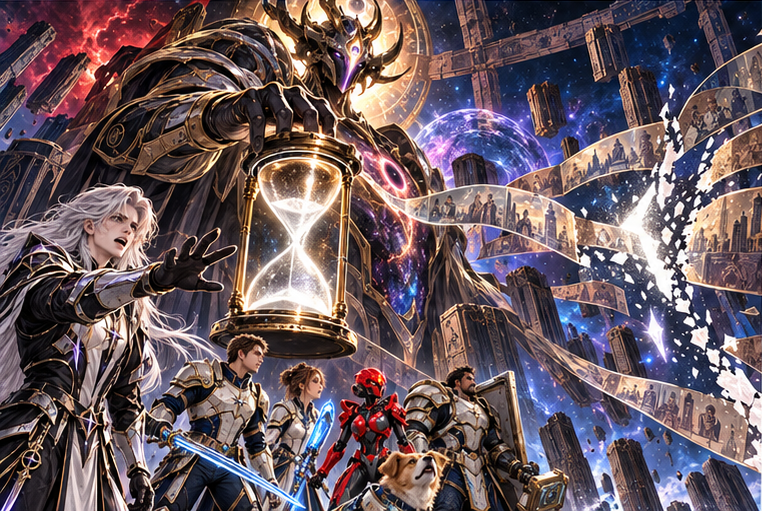 Aevos calmly turns an hourglass, a line toward the universe gateway begins to whiten. Kael protests while Arin and companions watch. An old continuity ribbon spanning cosmic cycles is now threatened with total severance, symbolic interface only.