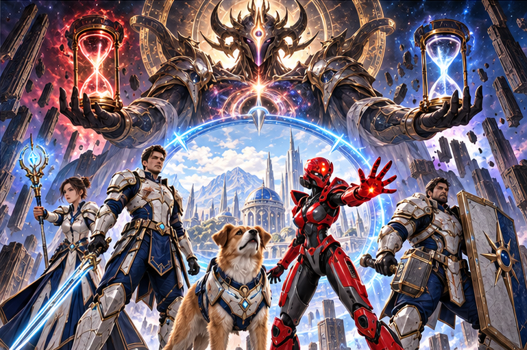 Exactly five companions stand against the monumental custodian, their blue return anchor behind them showing the small ordinary sky they came from. Mira steps forward, Zara open defiant hand, Orin shields, Milo by route marker, Arin tired and resolute. Reset vessels begin turning despite their refusal.