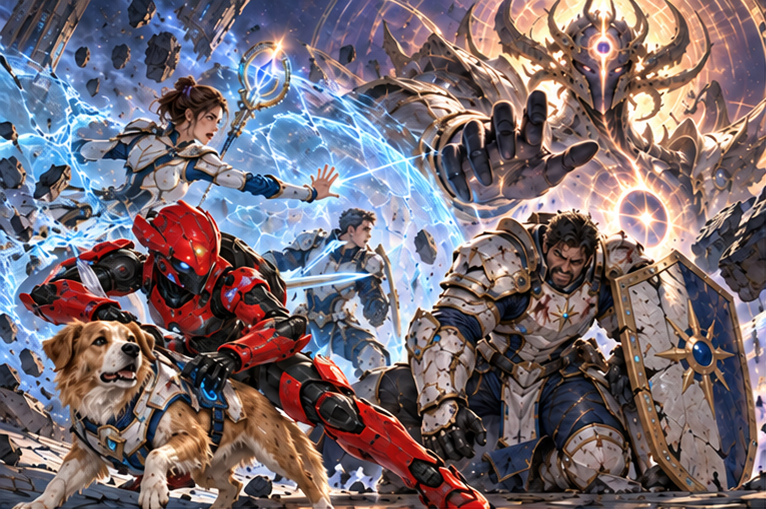 Origin floor shifts, a blue route marker shattered. Red robot Zara catches fallen golden dog Milo by his supportive harness, never his collar. Orin shields them, injured but standing. Mira reaches through a failing water barrier, Arin's thin protective field buckling under Aevos's raised hand.