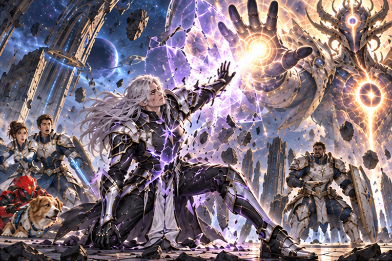 Silver-haired Kael suddenly steps between Aevos's brilliant strike and Arin's party. His protective field cracks and he falls to one knee, armor fractured with violet light escaping, visibly seriously hurt but no graphic gore. The five companions survive behind him.