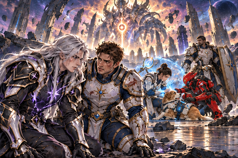 Wounded Kael kneels beside young Arin, looking past him to Mira helping Zara and Milo while Orin guards. Colossal Aevos distant. Kael's expression fierce with recognition, Arin upset, no forgiveness embrace.