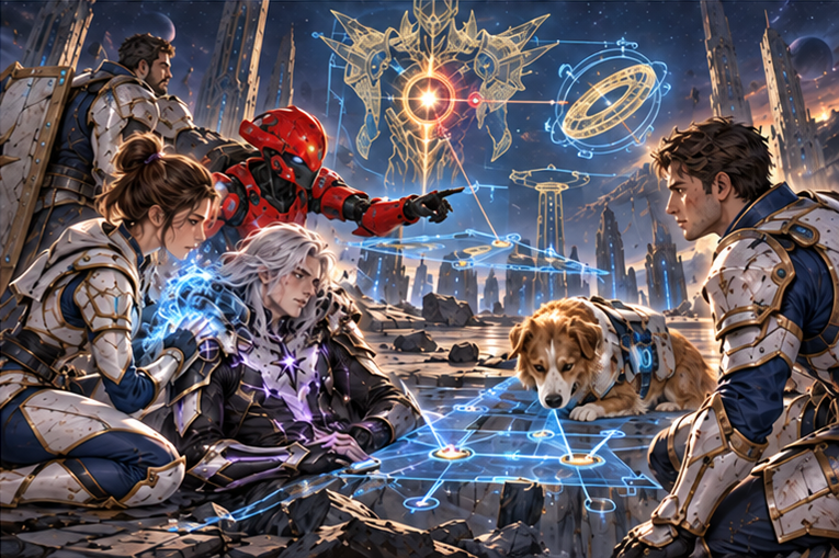 Mira kneels to stabilize wounded Kael with restrained water arts while Arin listens opposite. Zara points out the destructive chest control tether and separate sustaining ring, Milo maps low contacts and Orin braces the route. Team work, Kael unable to stand.
