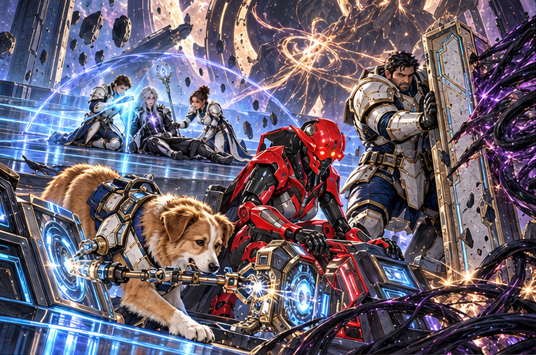 Four-legged Milo uses a harness-mounted tool in a low contact while red robot Zara isolates a nearby supervisory console. Broad Orin plants his shield and holds a failing connection apart on the moving reflected blue route. Arin and seated wounded Kael sustain a thin field in distance, Mira beside them.