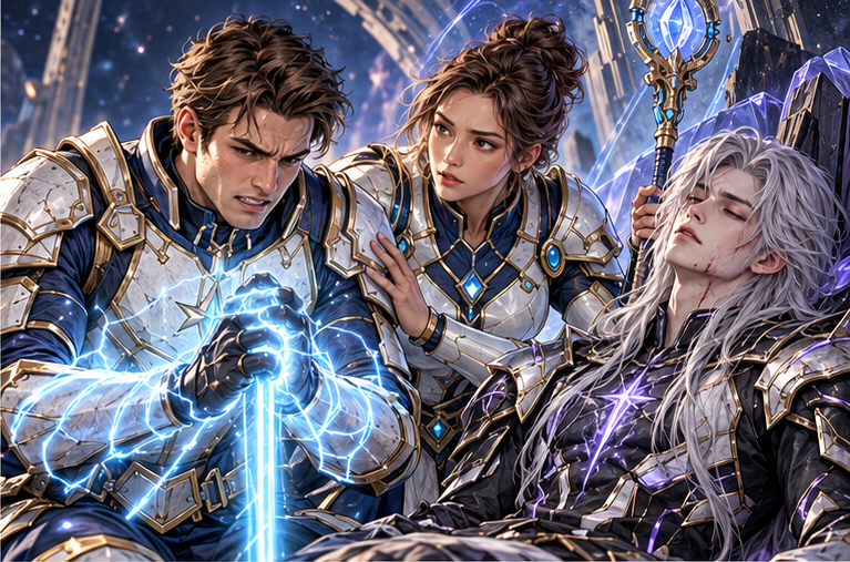 Close on Arin shaking with effort holding a narrow cyan counter-Axiom beside wounded seated Kael's violet signature. Mira catches Arin's attention with calm urgent eye contact and a hand near him. His blaze visibly reduces to controlled light instead of exploding into new armor.