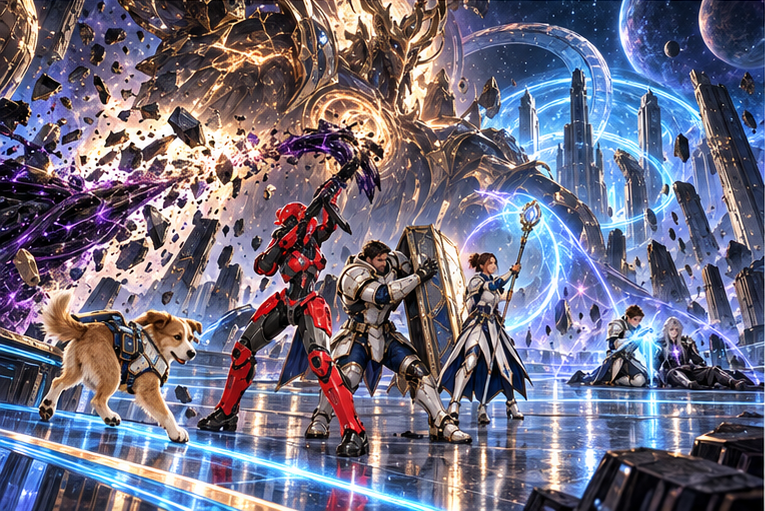 Milo safely backs out across blue return mark, Zara deliberately disconnects a bright destructive tether, Orin prevents contact rejoining, Mira diverts the discharge, Arin and wounded Kael keep a thin field steady. Colossal Aevos's chest tether breaks away from machinery; vast separate sustaining ring intact. All five identifiable.