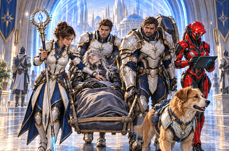 The five companions escort critically wounded silver-haired Kael in a prepared casualty sling through the gateway inside the blue synchronized field. Orin carries support, Mira treats, Zara preserves records, Milo guides the return mark, Arin keeps close. No glowing power transfer, clocks continue forward.