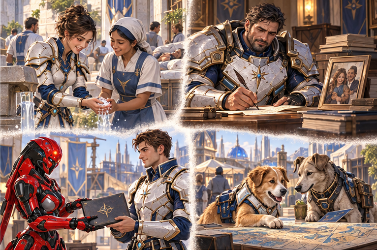 Four soft-edged connected epilogue vignettes within this single panel: Mira helps a Neris clinic coordinator at clean running water; Orin writes a family letter beside testimony folders; red robot Zara hands Arin a new contract; golden dog Milo reunites with his canine route partner at a low Veyra map. Everyday labor and warmth, no coronation.