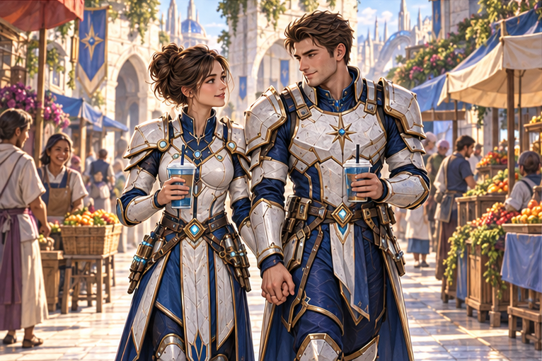 Arin and Mira walk a modest sunlit Neris market street, carrying two inexpensive drinks. White navy gold armor travel-worn, shoulder and hands relaxed; fingertips briefly touch at a cup. Repaired roofs and ordinary vendors behind. Gentle affection, no kiss or wedding.