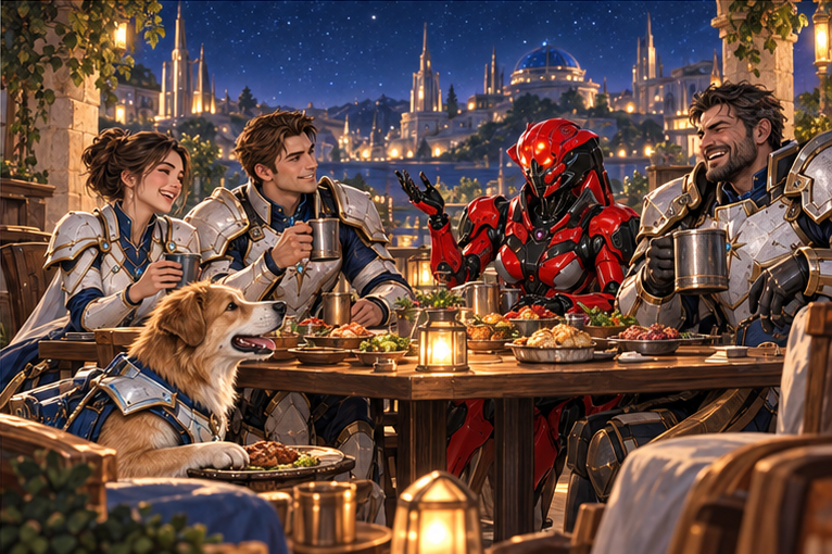 Warm evening meal on a modest Neris street terrace. Exactly five companions: Arin sits in the last open chair, Mira beside him, older broad Orin across, red robotic Zara telling a story, golden quadrupedal Milo at a low accessible place by the table with his own plate. Starry sky over repaired city; cozy candid conversation, no extra hero.