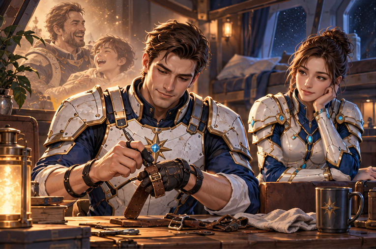 In warm ship lamplight, Arin repairs his old wrist strap and smiles unexpectedly, Mira quietly sitting nearby. A faint benign memory reflection of his father laughing, no explosion or ghost. Intimate but platonic posture.