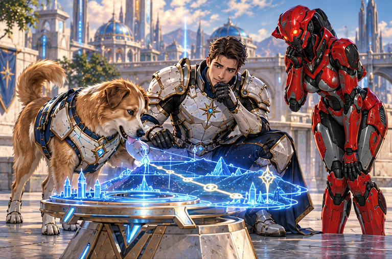 Golden quadrupedal Milo stands by a low spatial route projector adjusted with his nose; the luminous map shifts with the viewing angle. Arin crouches awkwardly and red robot Zara watches with amusement. Paw-width lanes clearly shown.
