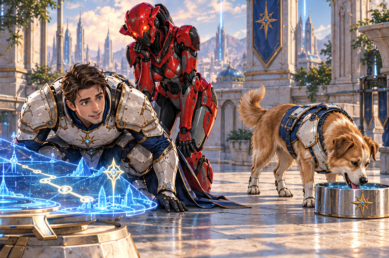 Arin carefully holds an awkward crouch at Milo's intended low viewing angle while Milo pads away on four paws toward a drinking bowl, Zara amused nearby. Route now visibly lines up correctly from Arin's new position.