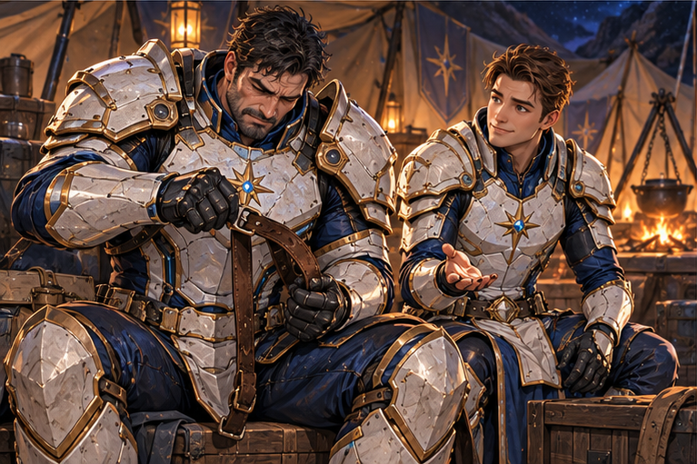After a fight at a quiet camp, older broad Orin struggles one-handed with a strap buckle. Younger Arin sits beside him and patiently holds out his empty open hand to offer help. Matching white navy gold armor, different builds. No new injury drama.