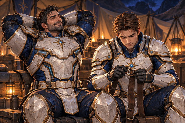 Orin has handed the strap to Arin, who concentrates on untwisting the buckle. Orin relaxes and looks away instead of inspecting. Warm modest camp light, quiet humor between distinct older and younger armored men.